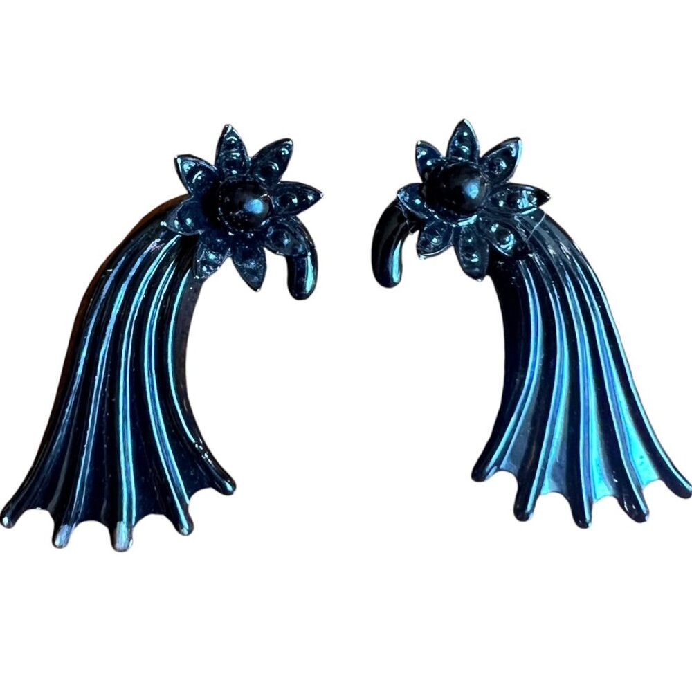 Vintage 80s Black Metal Flower Fan Earrings